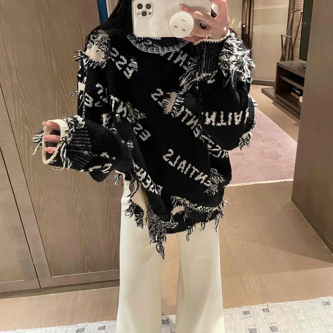 

Worn out letter sweater women 22 new autumn/winter fashion with holes knitted jumper