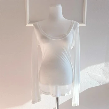 AOSSVIAO المرأة مثير انظر من خلال تي شيرت الصيف 2025 قاعدة طبقة كاملة كم بلوزة مستديرة العنق الكورية الصلبة الأساسية واقية من الشمس الإناث تيز 3