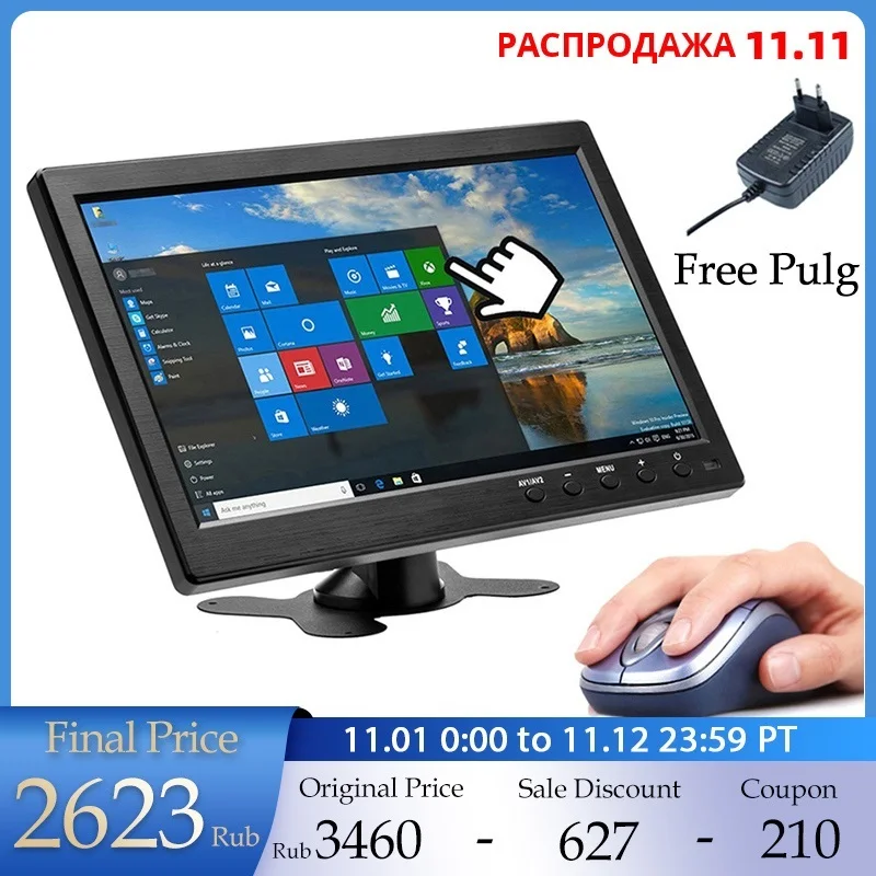 LCD HD PC 모니터, 미니 TV 컴퓨터 디스플레이, 2 채널 비디오 입력, 휴대용 보안 모니터, 스피커 HDMI VGA, 10.1 인치