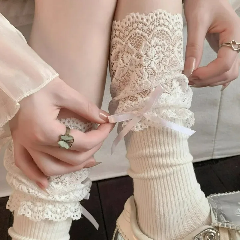 Lolita Women Harajuku Retro Lace Patchwork Mid Tube Calf Socks JK Frilly Ruffle Cotton Princess Girls Soft Wedding White Socks