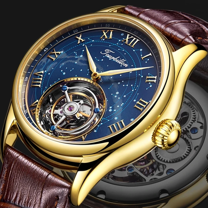 Aesop Real Tourbillon Mechanical Movement Watches Mens Luxury Skeleton Sapphire Watch For Men Rotating Relogio Masculino