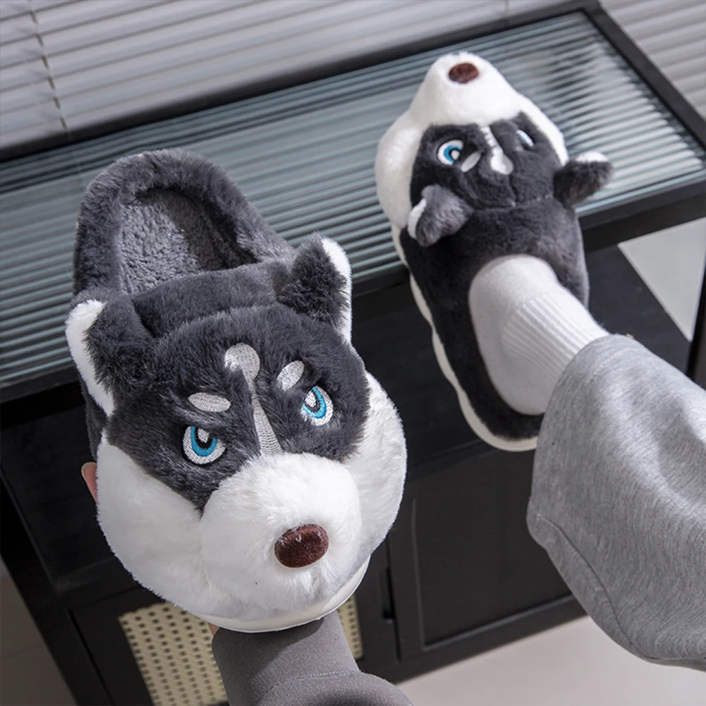 Plush Husky Slippers Flat Thermal Slippers Anti Slip Soft Furry Slippers Comfortable Slip-on House Shoes Cute for Indoor Bedroom