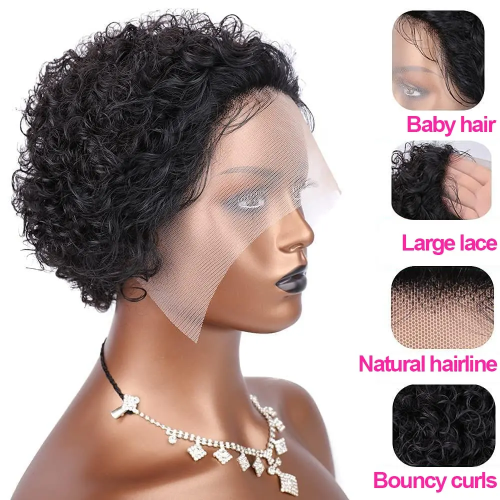 Short Curly Pixie Cut Lace Front Wigs 6 inch 13X1 Human Hair HD Lace Front Wigs Plucked for Black Women 6 Inch Natural Black