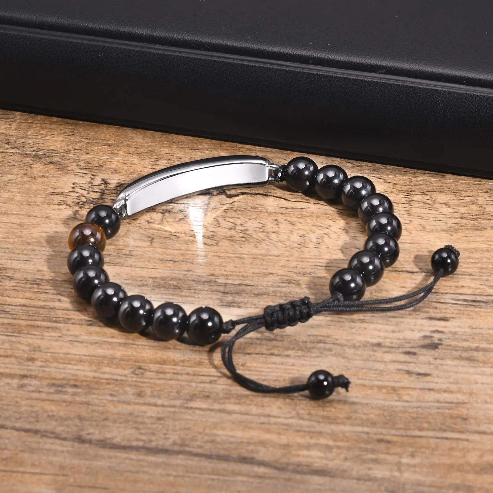 Mprainbow Personalized Charm Bracelets,Tiger Eye Stones Black Beads Bracelets,Free Engraving Glossy Stainless Steel Bangle