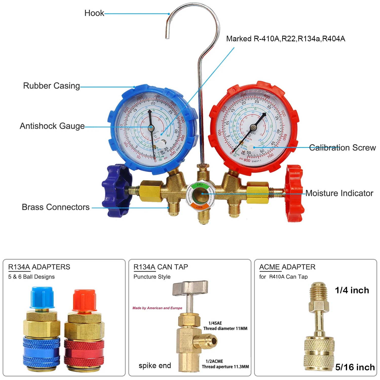 Refrigeration Gauge Set Air Conditioning Diagnostic Manifold Tools Hose Hook Kit R410A R22 R404A R134A