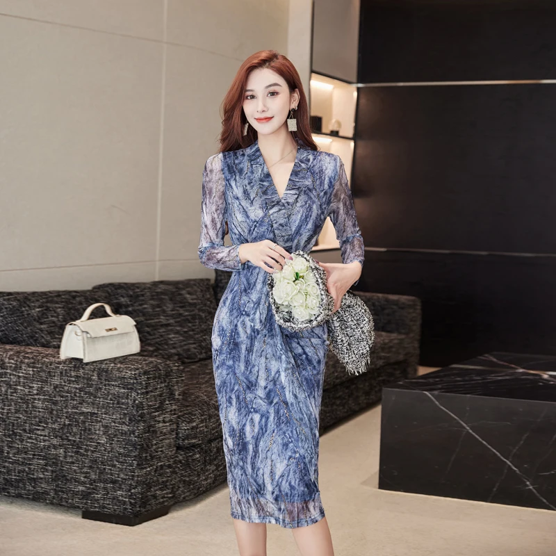 

Long Sleeves Elegant White Dresses for Women Classy Lace Vintage Dress 2022 New Hit V Neck Navy Blue Women's Skirt Woman Clothes