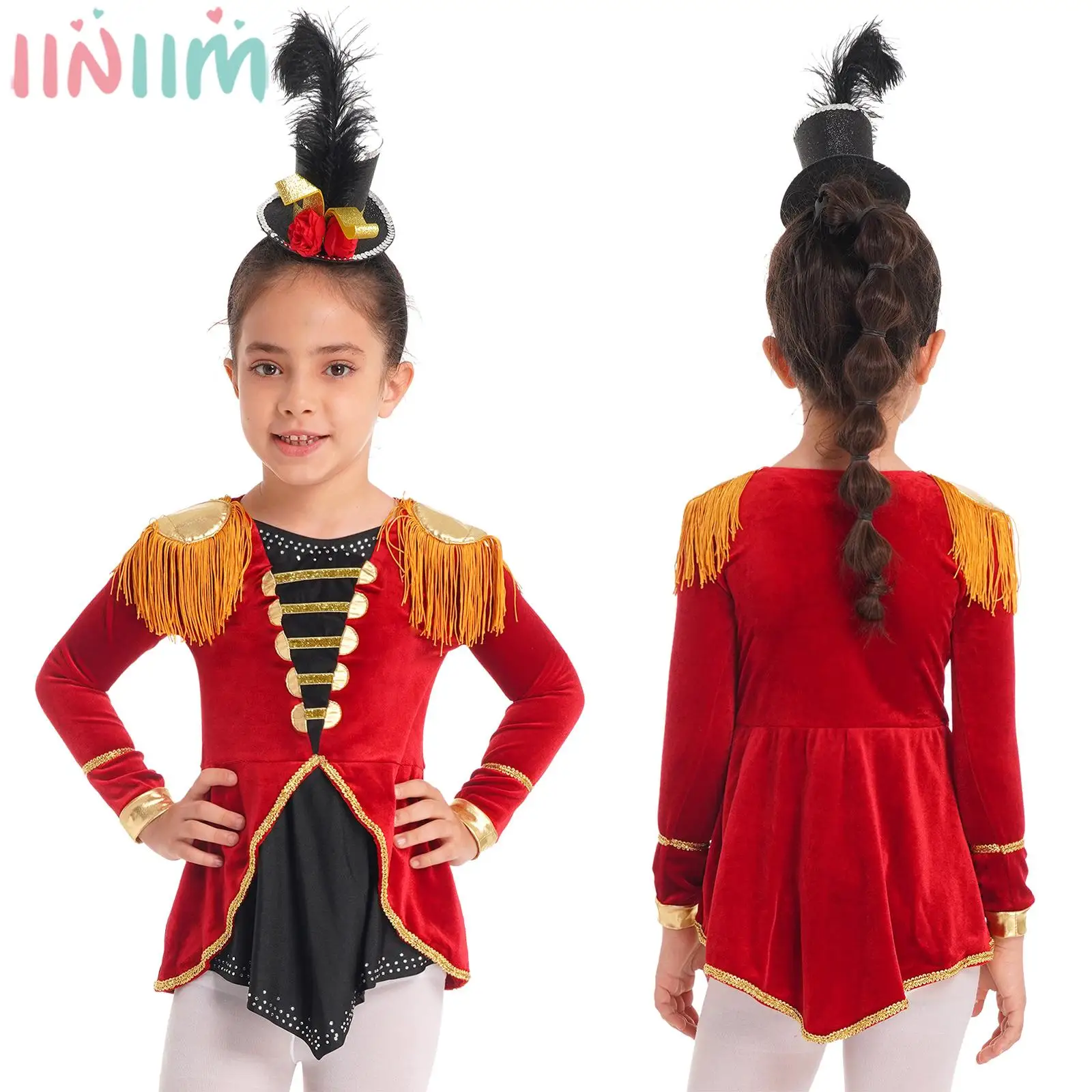 Kids Girl Magician Circus Ringmaster Cosplay Costume Long Sleeve Tutu Dress  with Mini Top Hat for