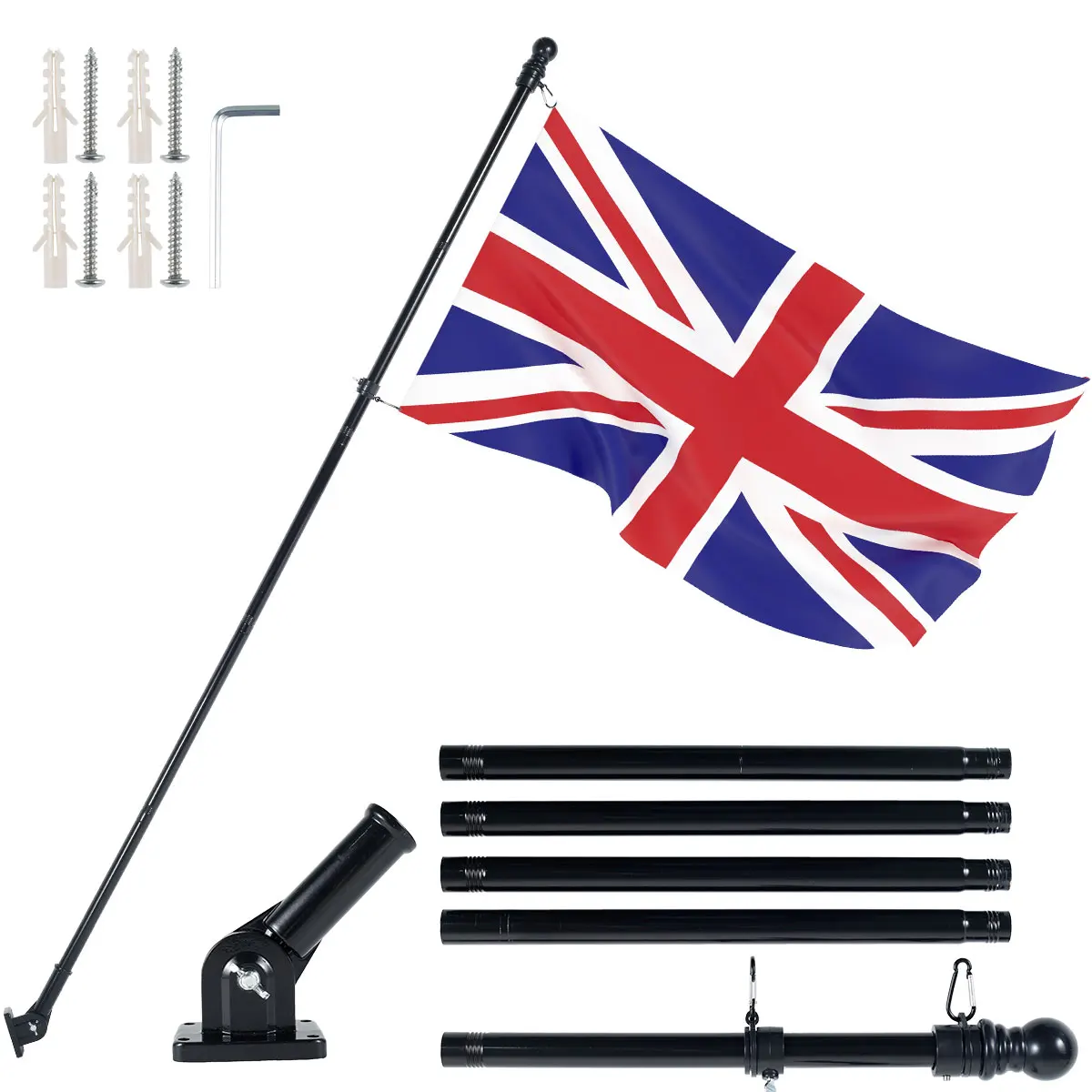 Mástil de bandera para casa, kit de asta de bandera de 5 pies, bandera  estadounidense con poste y soporte, poste de bandera negro profesional de  acero