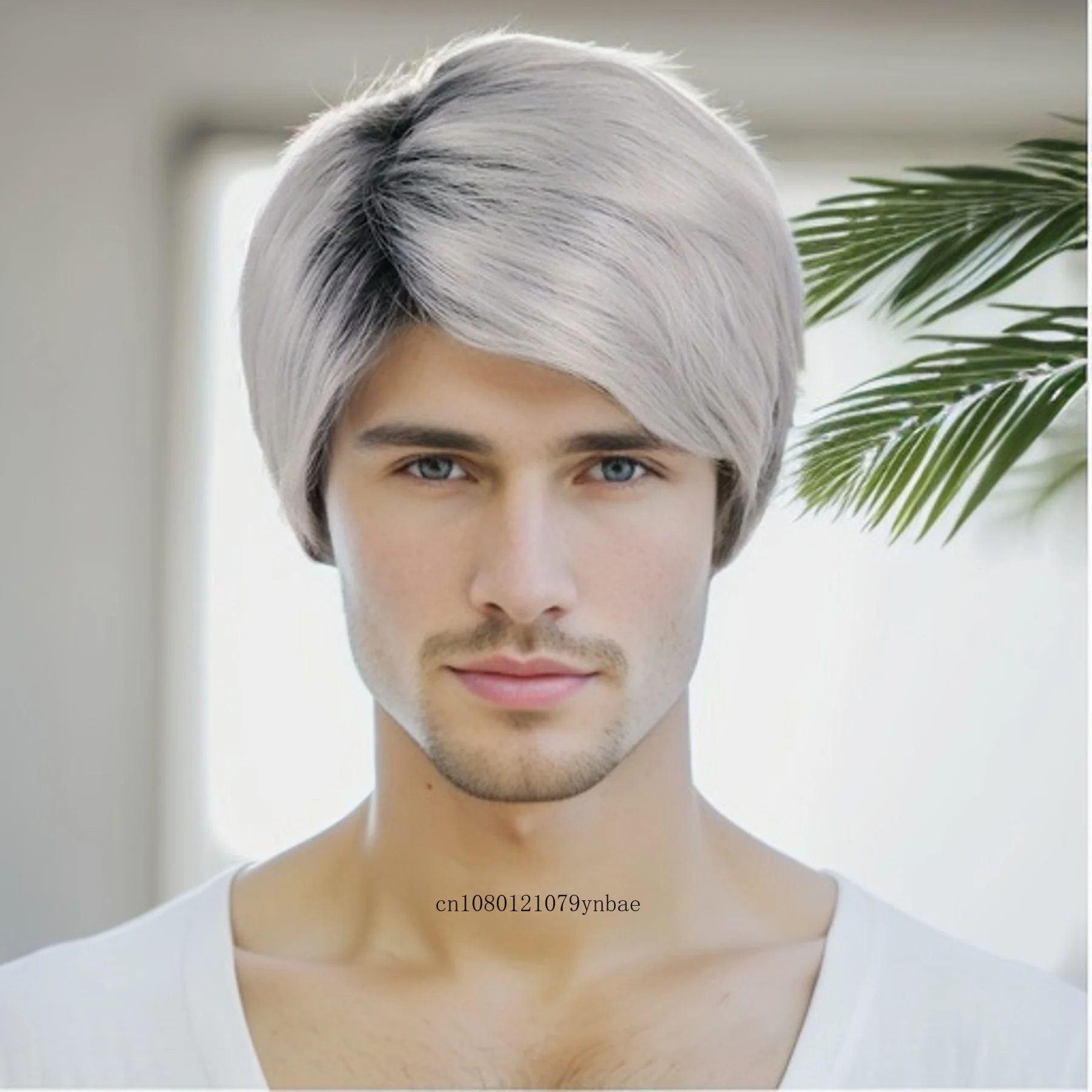 

Парик для мужчин синтетический серебристо-серый с эффектом омбре, косплей, натуральные короткие прямые парики с темными корнями для костюма челки, искусственные волосы на Хэллоуин