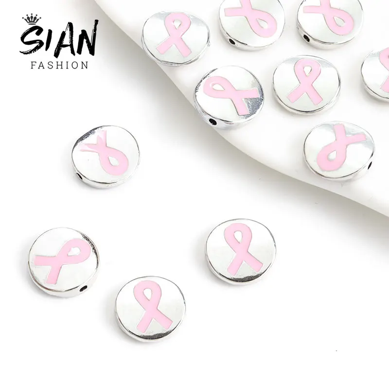 

10pcs Pink Ribbon Enamel Spacer Bead Charms Silver Plated Round Breast Cancer Awareness Loose Metal Beads DIY Bracelet Making