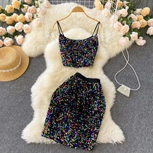 

Women Sequin Glitter 2 Two Piece Set Sleeveless Crop Tops Mini Skirt 2022 Summer Holiday Party Clothes Fashion Sexy Outfits New