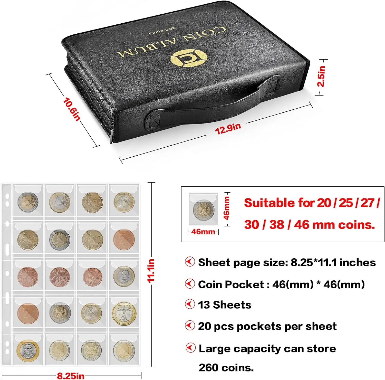 Coin Collection Book Holder for Collectors, 260 Pockets Coins Collecting Album with Zipper and Handle. Coin Display Storage Case