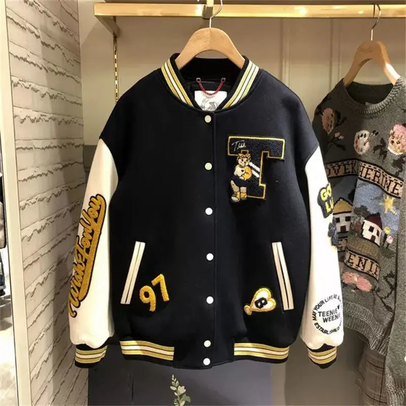 

New Fashion Cartoon Jackets Men Autumn Winter Loose Trend Brand Hit Color Couples Jacket Women Vintage Y2K Male Baseball Uniform