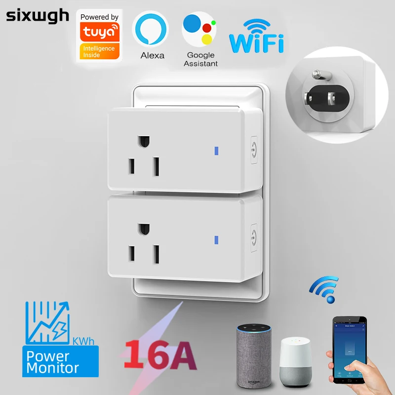 Sixwgh ซ็อกเก็ต WiFi อัจฉริยะปลั๊กมาตรฐานอเมริกัน 10A/16A รีโมทคอนโทรลแบบสองทิศทาง Alexa Google Home Timer 1