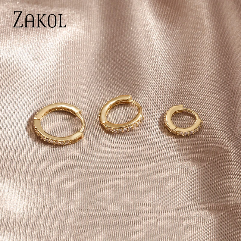 ZAKOL Fashion Round CZ Small Circle Hoop Earrings Women Gold Color Ear Piercing Jewelry