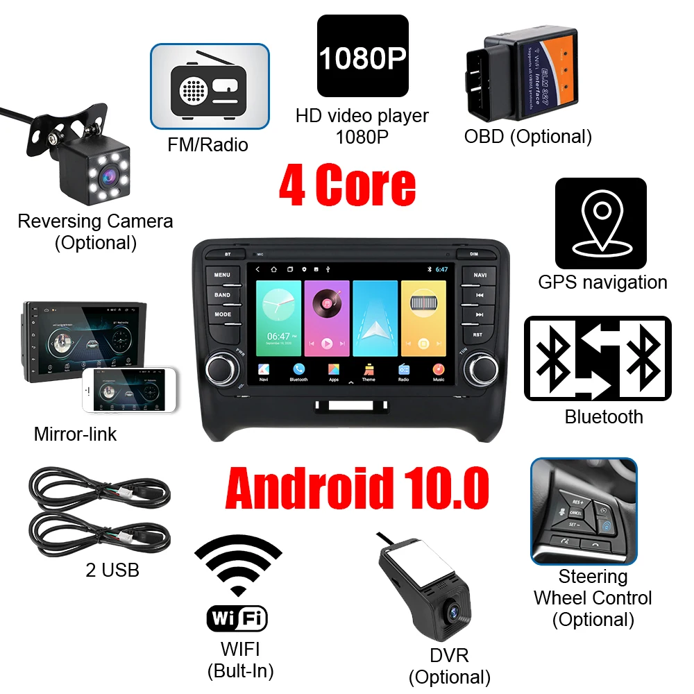 7 Inch HD Touch Screen Android 10.0 GPS FM Receiver for Audi TT MP5 Video Player Car Radio Hands-free Bluetooth WiFi 2 Din 4 7 Inch HD Touch Screen Android 10.0 GPS FM Receiver for Audi TT MP5 Video Player Car Radio Hands-free Bluetooth WiFi 2 Din - Image 4