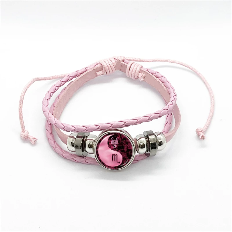 12 Zodiac Signs Yin Yang Bracelets Constellation Glass Cabochon Pink Leather Bangle Women Girls Birthday Gifts Wholesale 6