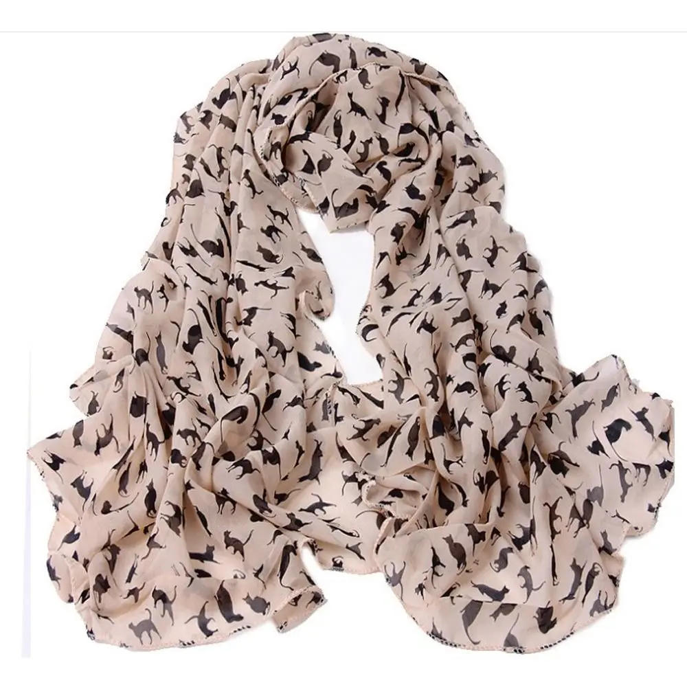 Chiffon Cartoon Cat Printed Scarf for Women and Girls