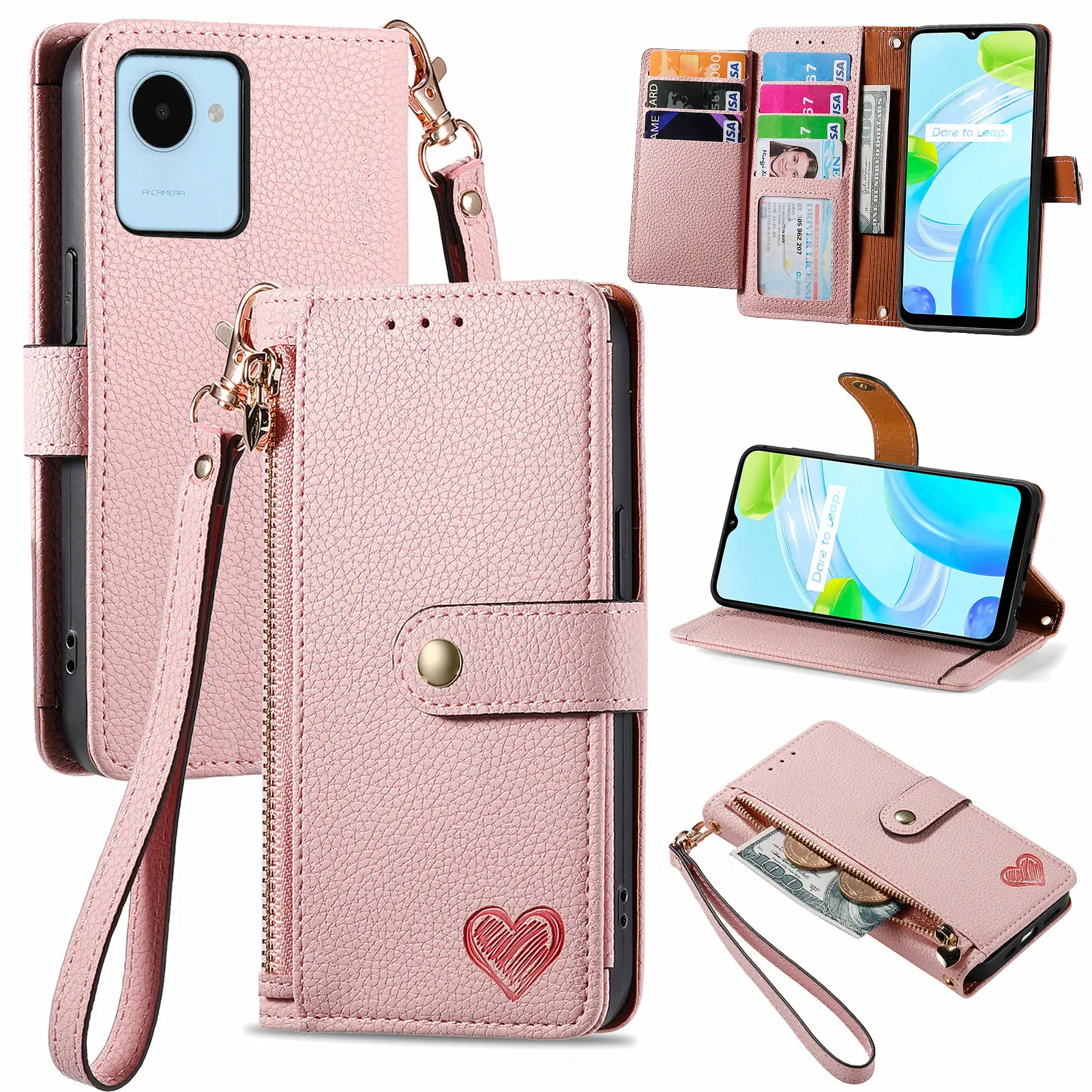 

Zipper Leather Love Heart Wallet Case For Tecno Camon20 18 15 Premier Pro Spark10 9t 8p 7 Pova3 Hot12 Play Cover Purse Bag Cover