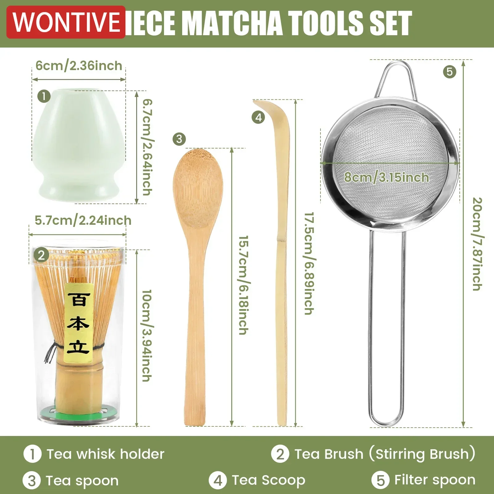 5Pcs Matcha Whisk Set Practical Matcha Kit with Whisk Holder Matcha Whisk Sifter Tea Scoop and Tea Spoon Japanese MatchaTea