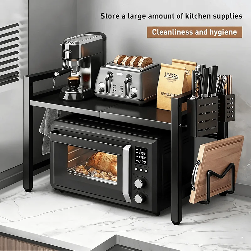 1pc Heavy-Duty Expandable Microwave Stand,Kitchen Storage Shelf,Adjustable 2-Tier Carbon Countertop Organizer