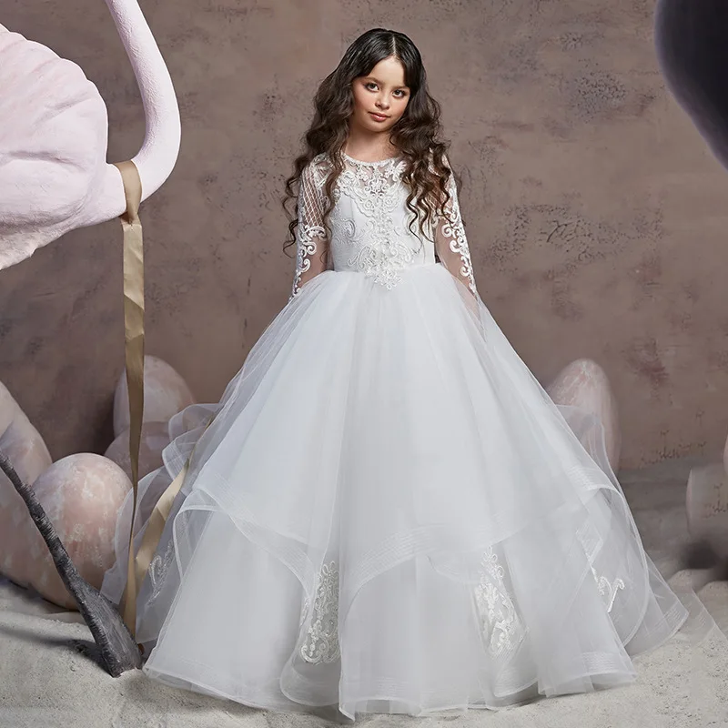 

Long White Lace Flower Girl Dresses for Wedding Party with Full Sleeve Illusion Sheer Neck Appliques First Communion Dress Puffy