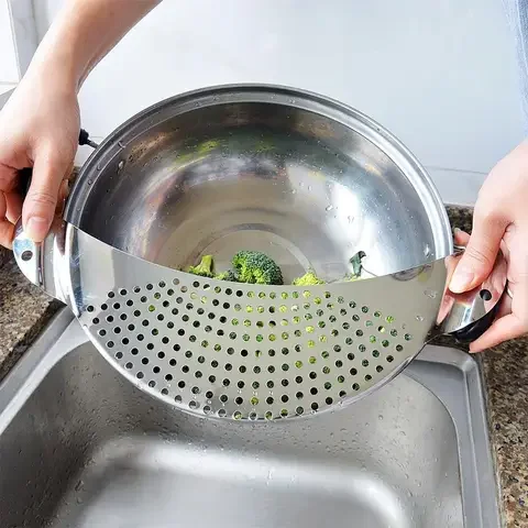 

Steel Vegetable Drainer Pot Pan Strainer Colander Pasta Food Filter Kitchen Cooking Gadget With Handle