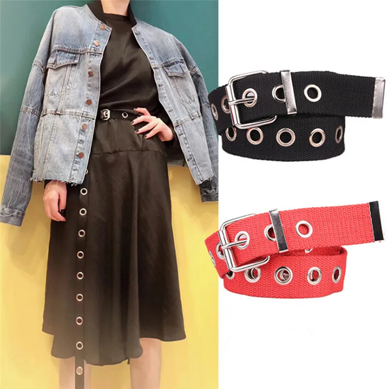 

Female Students Jean Canvas Waist Belts Tide Silver Pin Buckle Men Lady Long Personality Design HOT Casual Ring Black Meta Belt