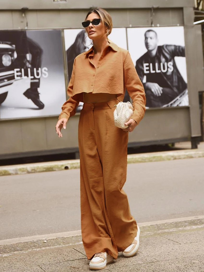 Marthaqiqi Fashion Women Nightwear 2 Piece Set Long Sleeve Crop Top Nightie Turn-Down Collar Sleepwear Pants Ladies Pajamas Suit