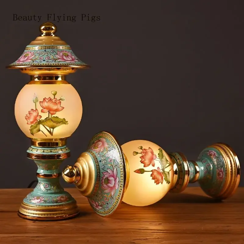 

2PCS LED 110v~220v Chinese pastoral style alloy enamel colored glass lotus lamp, Buddhist hall electric candle supply lamp