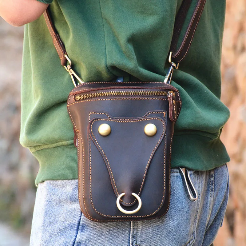 

AETOO Genuine Leather Personality Bull Head Shoulder Bag Mobile Phone Bag Leather Waist Bag Crazy Horse Leather Wear Belt Pouch