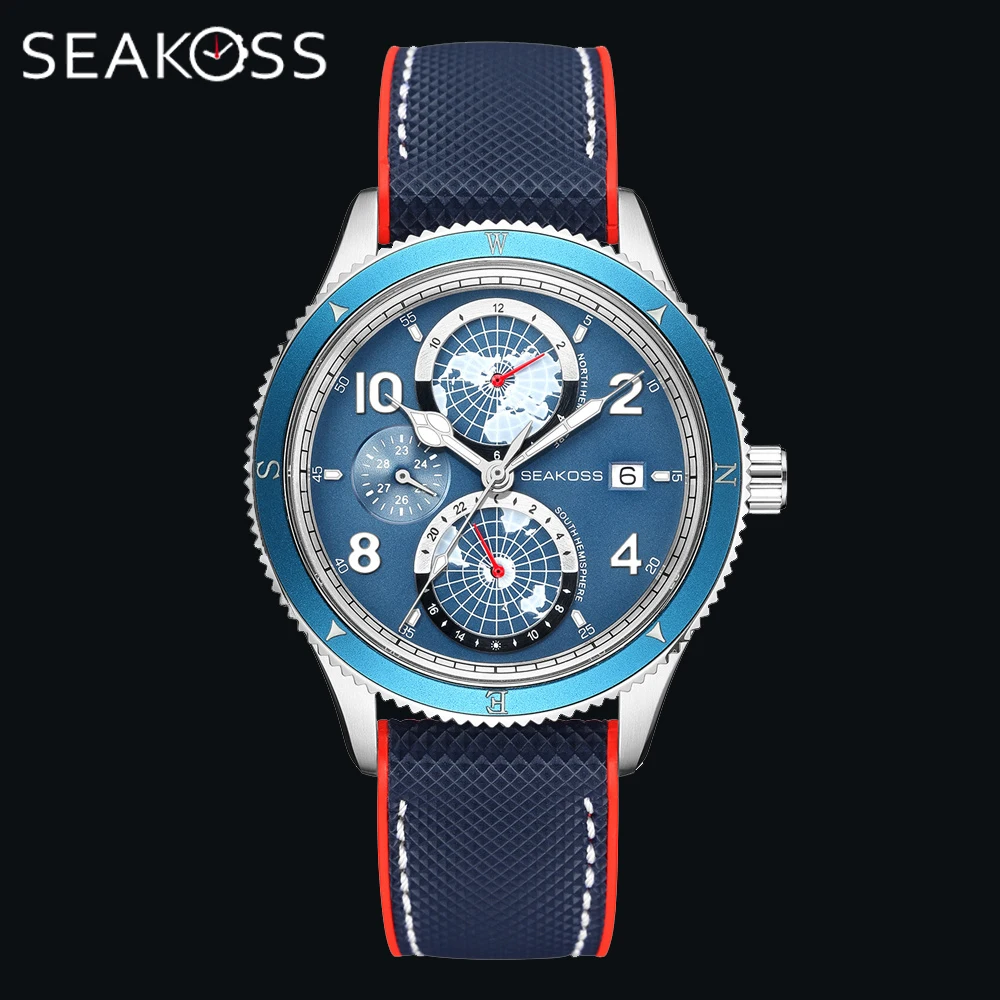 SEAKOSS Sud Nord Hemispheres Fully Automatic Mechanical Watch Year Month Indicate Silicone Strap Super Luminous Diver Wristwatch