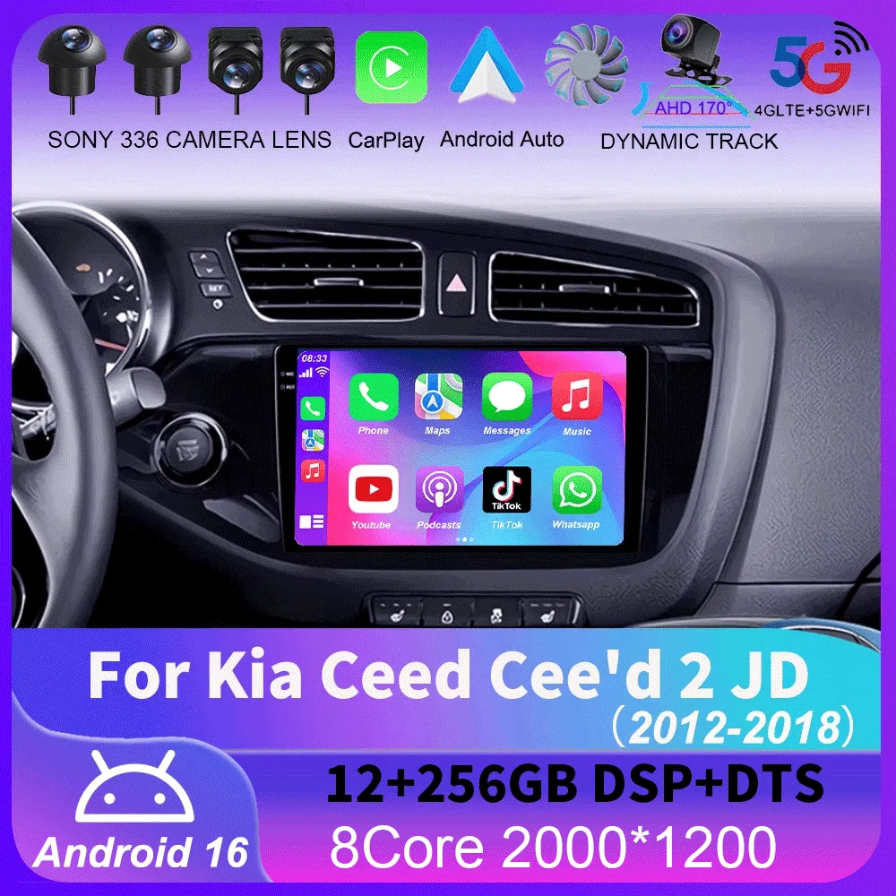Radio para Auto con Android 16 y Carplay para Kia Ceed Cee'd 2 JD 2012-2018, Navegación GPS, Reproductor Multimedia, WiFi+4G, Estéreo, BT, Cámara 360, DSP 1