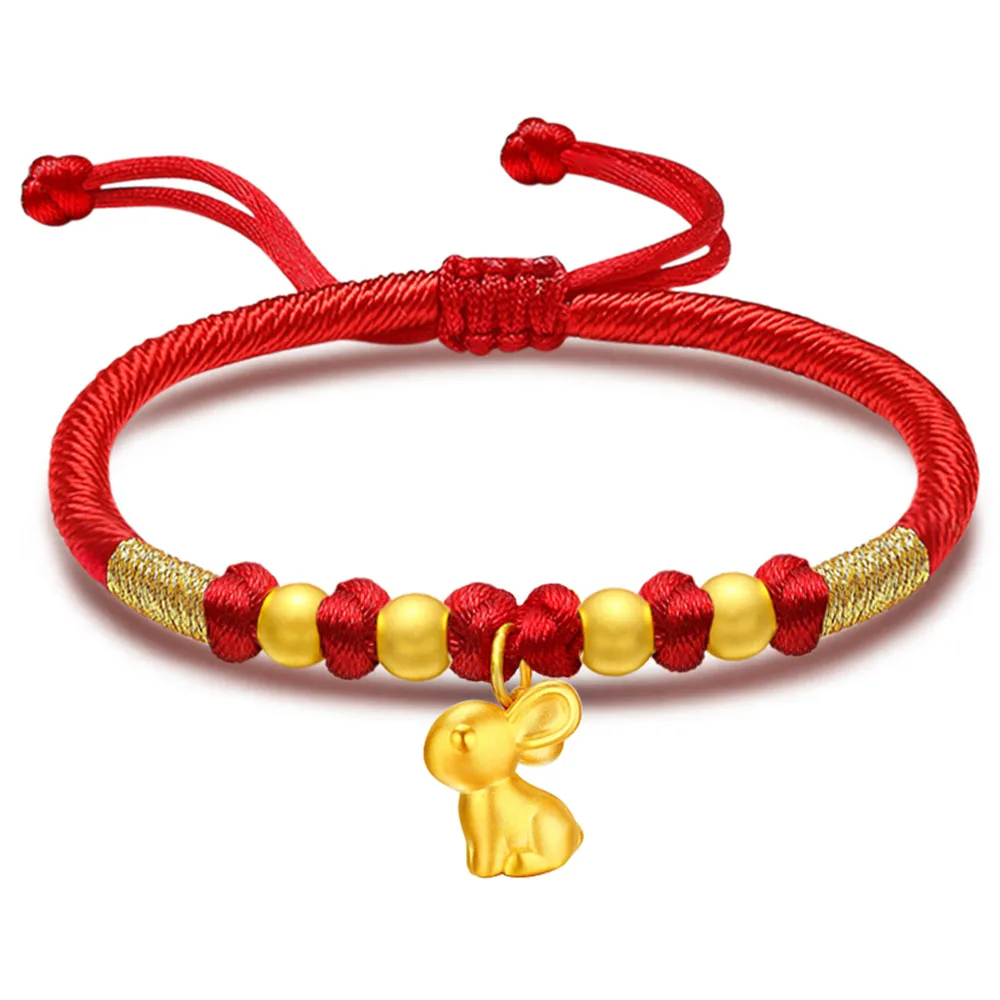 

Pure 999 24K Yellow Gold Women 3D Lovely Rabbit Red Cord Knitted Bracelet