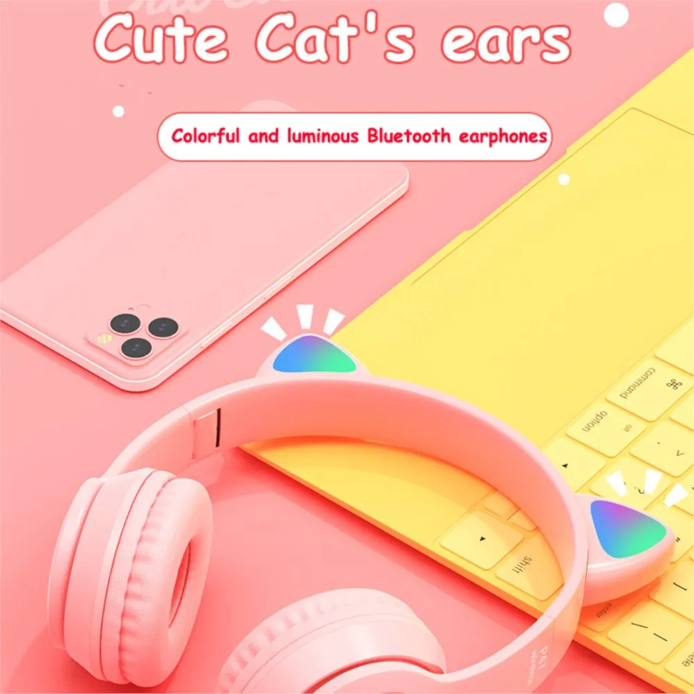 Cute Cat Ear Headphone Flash Light with Mic Control LED Stereo Music Helmet Phone Wireless Bluetooth Headset Holidays Gift 3