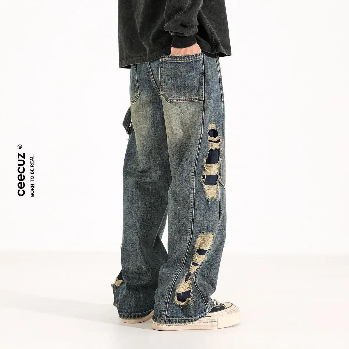 American Spring and Autumn Season Men and Women Trendy Personalized Loose Straight Jeans Couple Retro Washed Casual Pants y2k 3