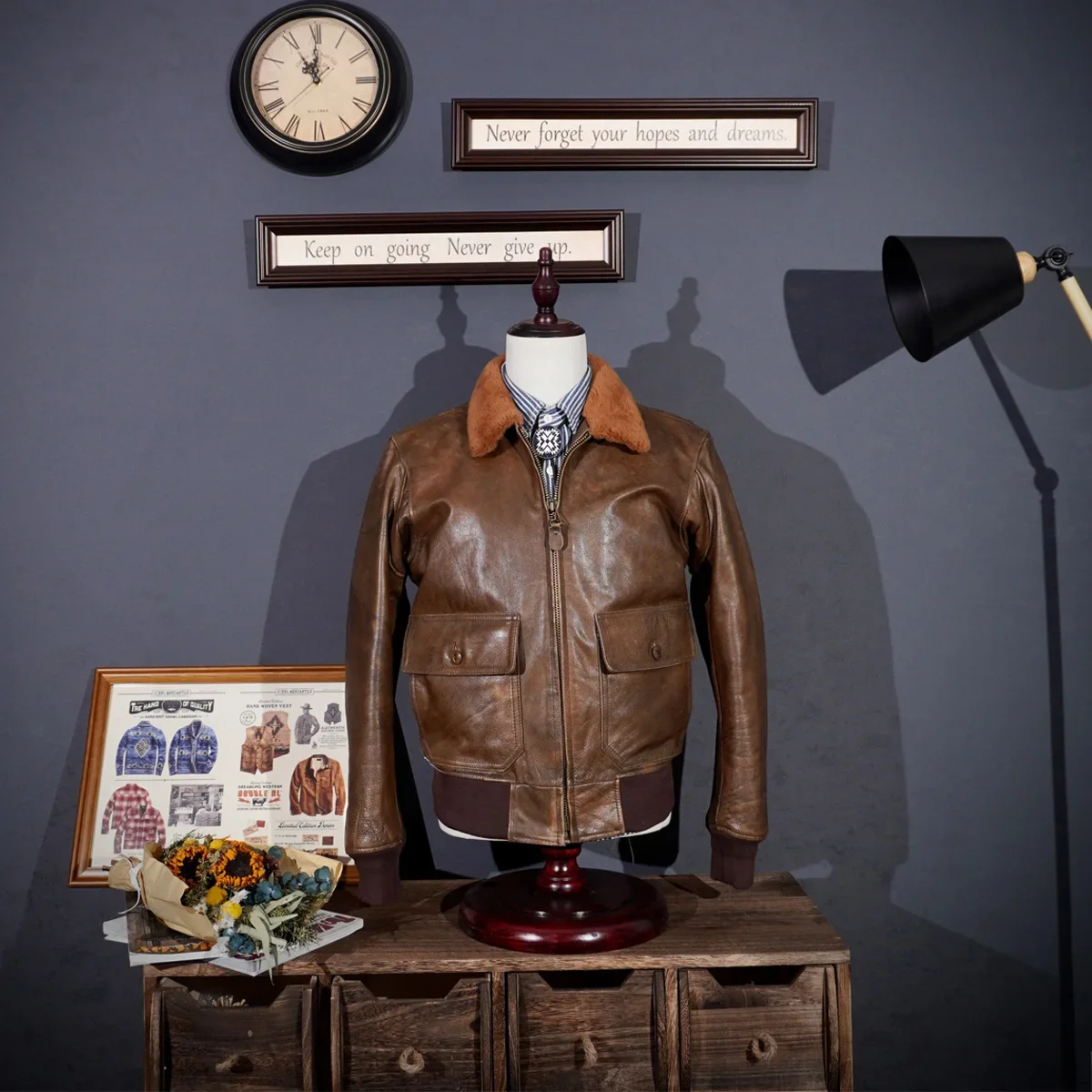 

Tailor Brando American Vintage G1 Pilot Jacket Handmade Old Cowhide Biker Hair Collar Short Genuine Leather Menswear