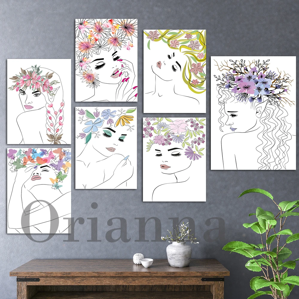 

Fashion Female Lines Portrait Plant Flowers Wall Art Prints Posters Nordic Modern Home Living Room Bedroom Decor Painting Gift