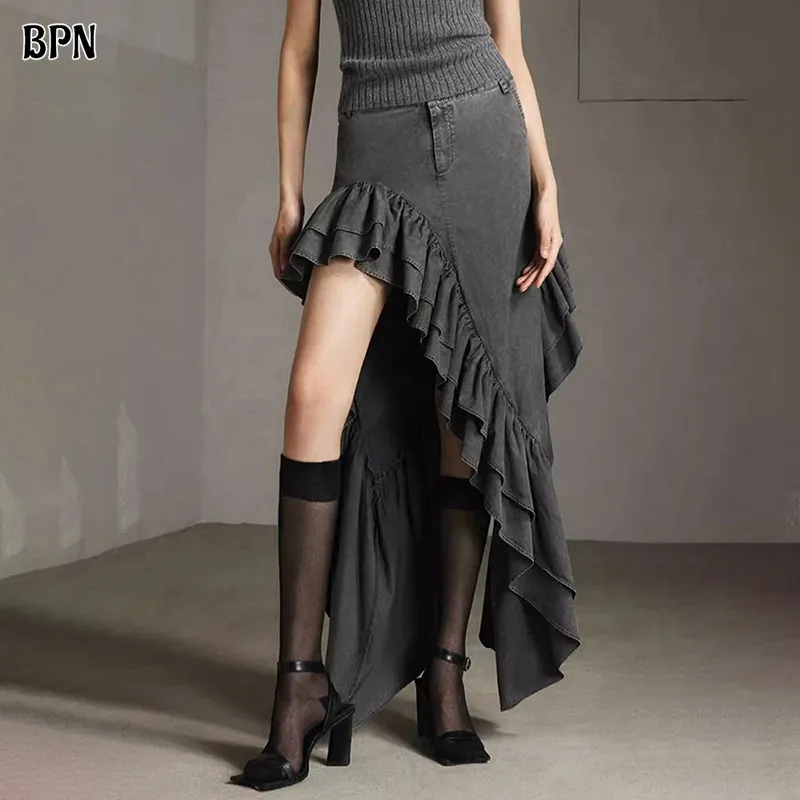 

BPN Streetwear Patchwork Ruffles Skirts For Women High Wiast Soild Slimming Asymmetrical Hem Casual Skirt Female Fashion Clothes