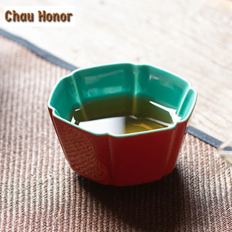 2pc/set Boutique Palace Red Glaze Art Ceramic Tea Cups Hot Stamping Hydrangea Master Cups Lager Chrysanthemum Petals Cups 75ml