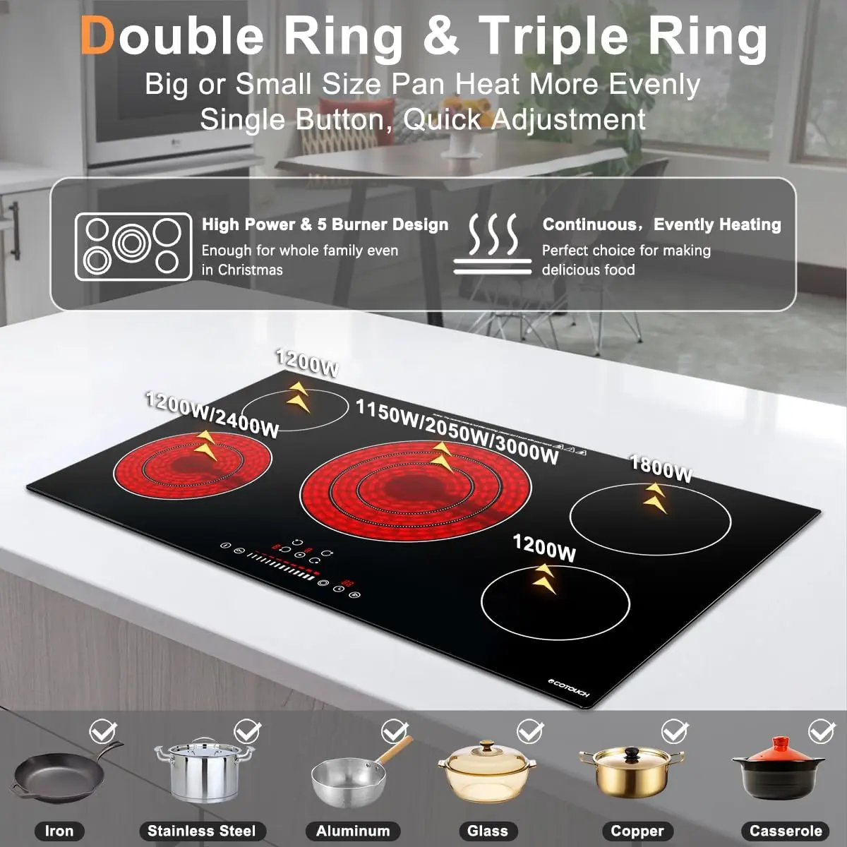 Electric Cooktop 36 Inch Built-in Electric Cooktop 5 Burner Stove Top 36" Radiant Stovetop with Kid Safety Lock