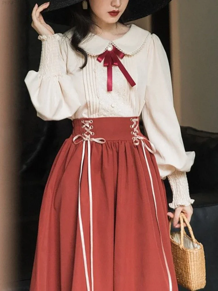 Vintage France Two Piece Set Women 2024 Korean Elegant Party Midi Skirt Suit Female Bubble Sleeve Blouse + Bandage Pleated Skirt