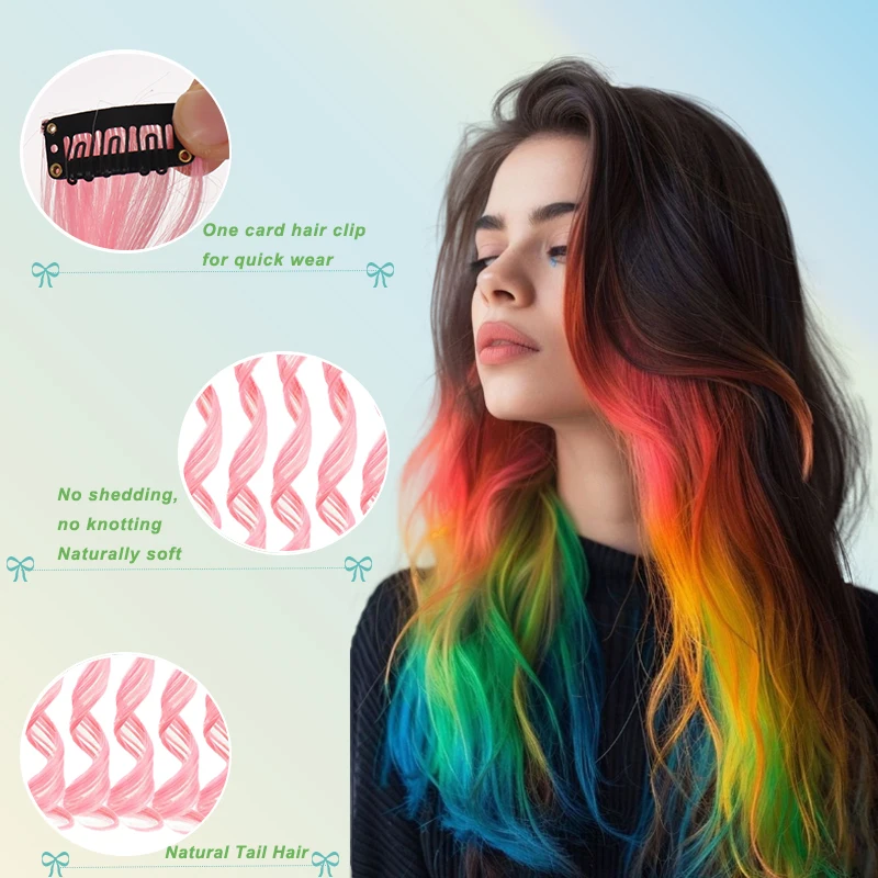 Colorful Hair Extensions Wavy Accessories Party Highlights Clip on Synthetic Rainbow Wigs Children's Favorite Gift (5 pieces )