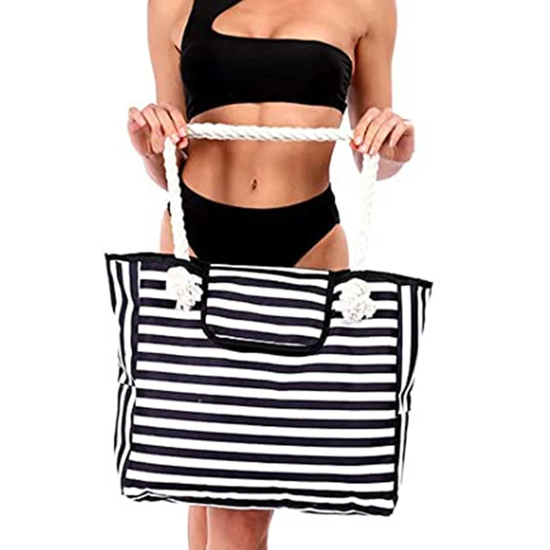 sac rayé, sac fourre-tout, sac toile, sac bandoulière, grande capacité, sac shopping, sac plage,
