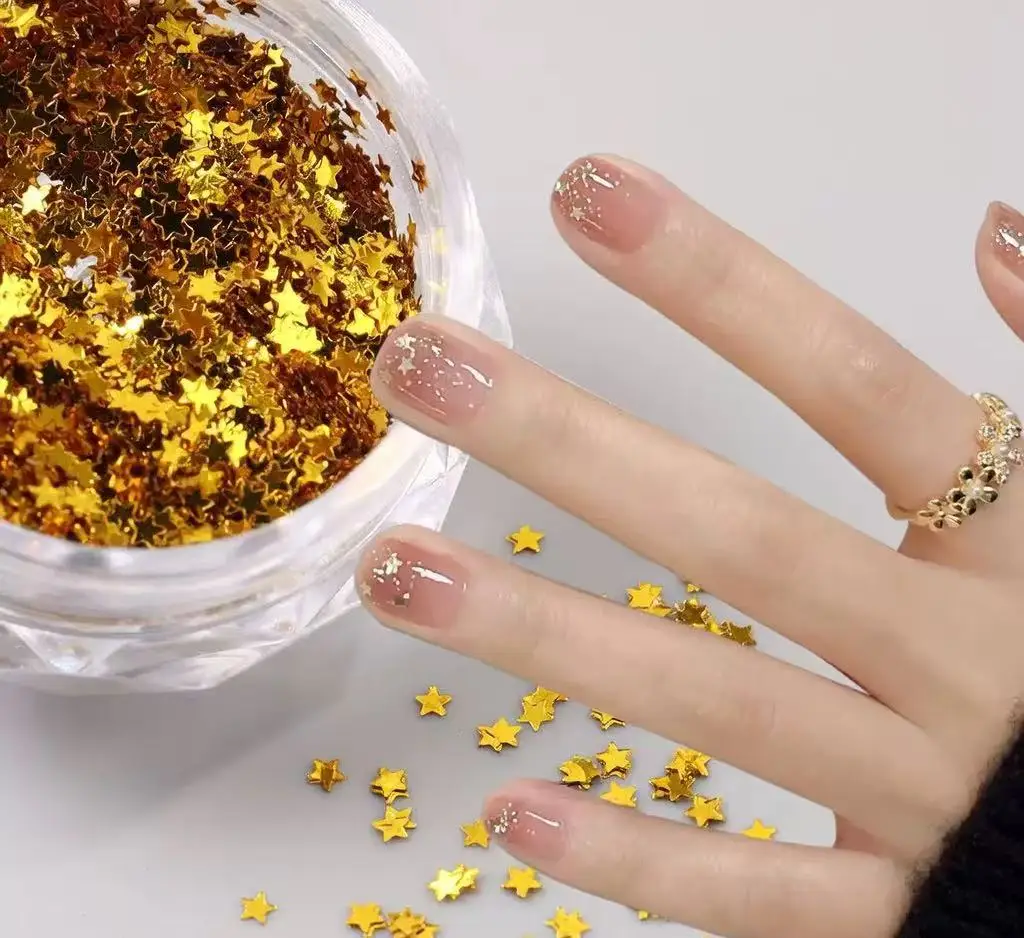 Nail Flake 3 pc Y2K Tiny Star Glitter Golden Silvery Black Small Pentagram Nail Seqiuns Kawaii Korean DIY Manicure Accessories