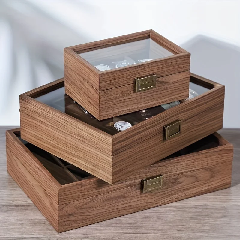 1pc Walnut Wooden Watch Box, European Wrist Watch Storage Box, Dustproof Watch Organizer Display Case, With Transparent Lid