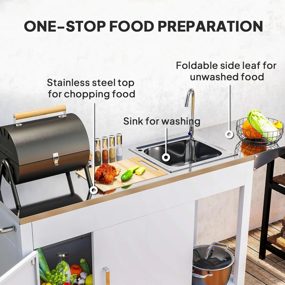 Outdoor Grill Table with Stainless Steel Sink and Drainage, Grill Cart with Foldable Side Table and Cabinet 4