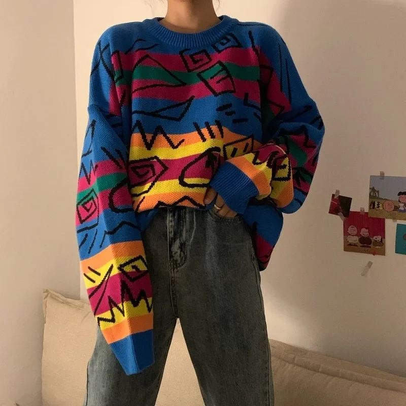 

Women Loose Graffiti Rainbow Striped Knit Sweaters Chic Retro Lazy Style O-Neck Casual Long Sleeve Patch Pullover Knitwear Tops