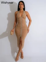 New Sexy Diamonds Halter Black Party Bodycon Midi Dress Women Sleeveless Backless Front Split Birthday Night Prom Club Vestidos - Image 3