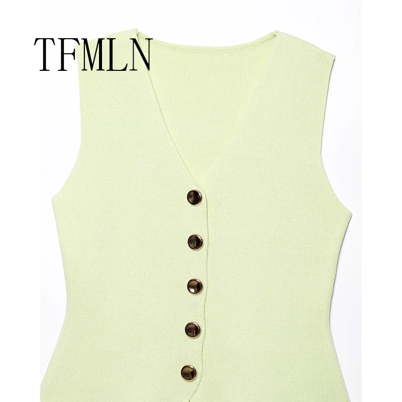 TFMLN Spring Summer Women Solid Color Casual Sweater Vest V-Neck Button Up Knitted Cardigan Vest Chic Women Sleeveless Sweater